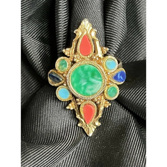 Vintage Mode Art Adjustable Ring Multi Gem Gold Tone Victorian Revival Style - Picture 7 of 12